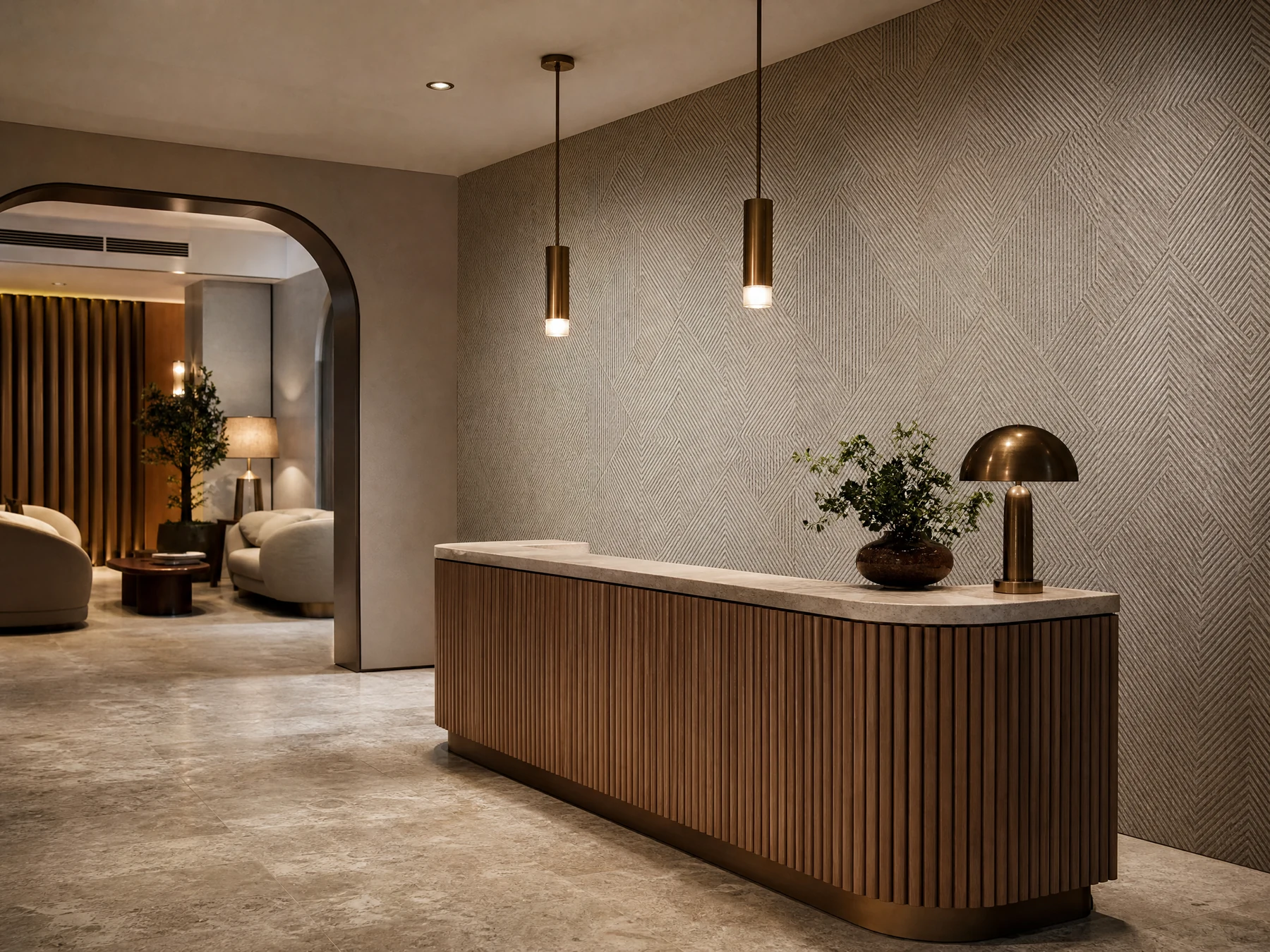 Geometric wallcovering in a boutique commercial lobby