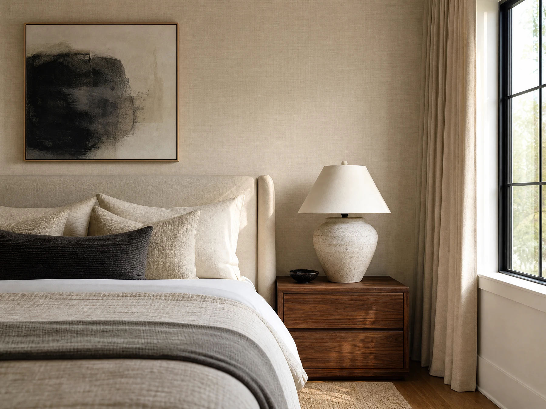 Textured wallpaper in a refined residential bedroom